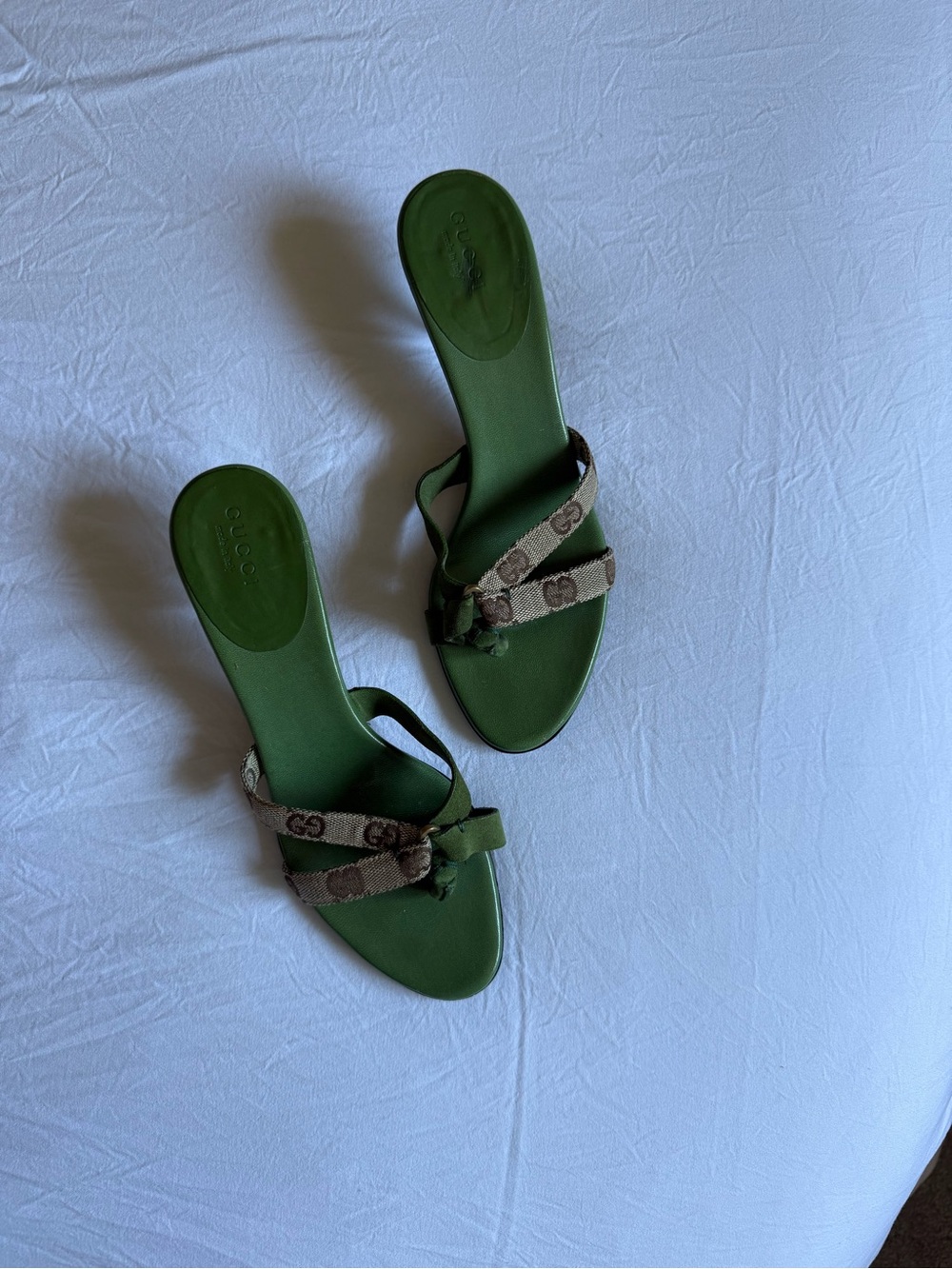 Gucci Tom Ford era Green/Brown GG Canvas with Suede mules/sandals on kitten heel - Picture 11 of 16